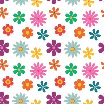 Trendy floral pattern in the style of the 70s with groovy daisy flowers. Vintage style. Bright colorful colors. Retro floral vector design y2k