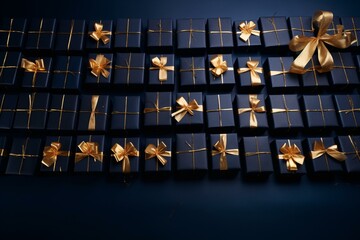 Modern gold and navy blue holiday backdrop with neatly aligned gifts creating a grid pattern. Generative AI