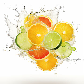 Fondo con detalle y textura de varias rodajas de citricos en medio de salpicadura de agua, sobre fondo de color blanco