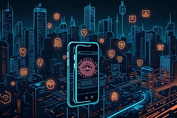 Smartphone displaying a threat detection alert with neon cyber symbols, blending seamlessly with the energetic glow of the city at night.