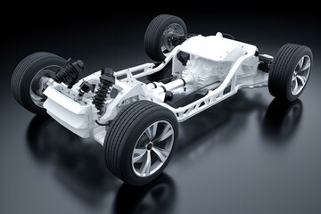 3D illustration of white electric car chassis with battery. Generative AI
