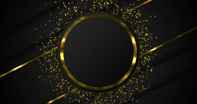 Abstract black background with luxury golden elements. Golden circular ring over golden dust particle seamless loop motion gradient background.