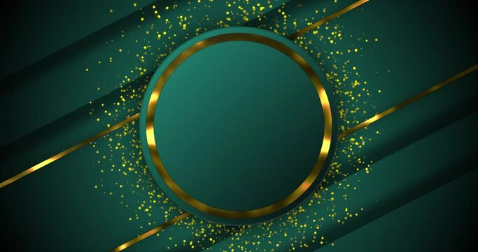 Abstract blue background with luxury golden elements. Golden circular ring over golden dust particle seamless loop motion gradient background.