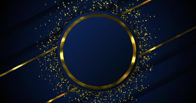 Abstract navy blue background with luxury golden elements. Golden circular ring over golden dust particle seamless loop motion gradient background.