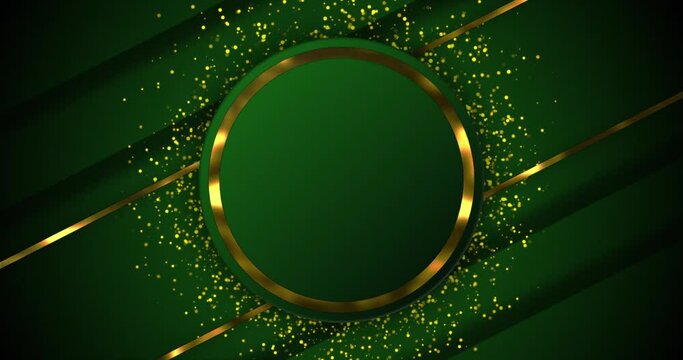 Abstract green background with luxury golden elements. Golden circular ring over golden dust particle seamless loop motion gradient background.