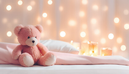 Pink toy bear by the child's bed world cancer day concept