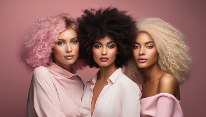 Multiethnic women with bright hairstyles in studio world cancer day concept