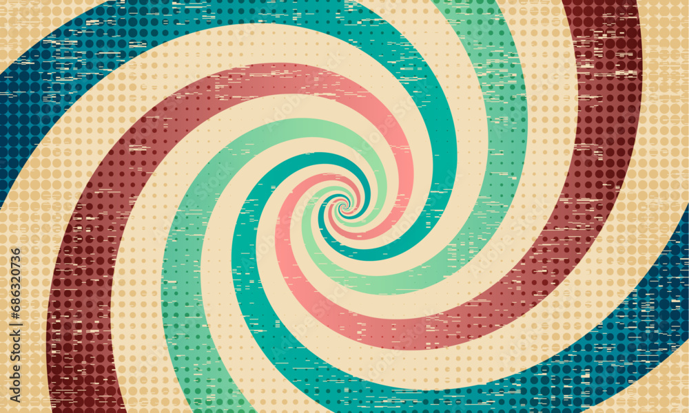 Poster groovy abstract rainbow swirl background. retro grunge vector design in 1960-1970s style. vintage su