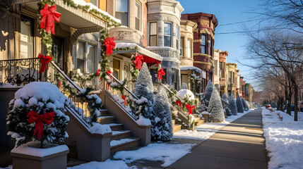 Urban Brilliance in Winter's Embrace: A Panoramic Exploration of Holiday Lights Transforming Snowy City Streets and Residential Homes generative AI