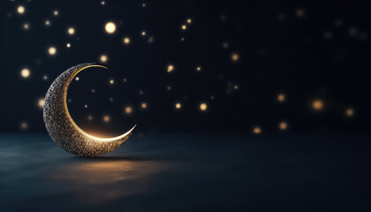 Glowing crescent moon on blurred background, ramadan concept - obrazy, fototapety, plakaty