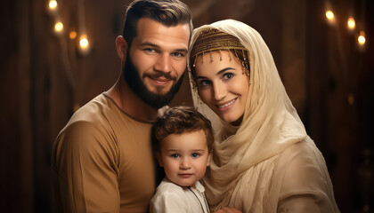 Muslim family on blurred background, ramadan concept