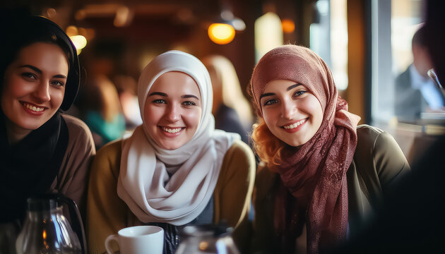 Muslim women sitting in cafe and having fun