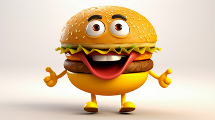 Cheeseburger with a cheerful face 3D on a white background.