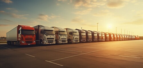 A group of logistics trucks lined up at a distribution center, ready for the next leg of their journey