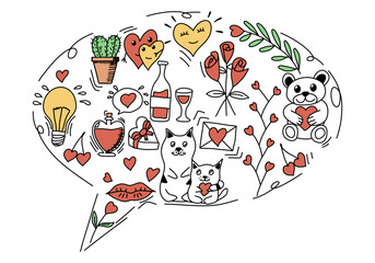 Romantic doodle for Valentines Day. Vector illustration, speech bubble form.