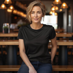 A beautiful fit woman age 40, wearing a plain blank cotton black relaxed-fit high crew-neckline athletic fabric t-shirt with blank space for your design or logo