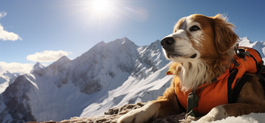 Close up portrait of rescuer dog in waistcoat on snowy mountain helping in search for people missing after an avalanche, copy space - obrazy, fototapety, plakaty