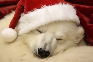 A small polar bear peacefully napping with a festive hat. Generative AI