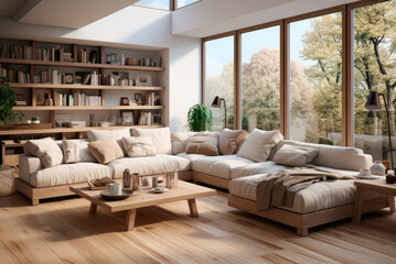 Fototapeta premium Aesthetic, bright, sunny, sofa with cushions for relaxation, side table, large windows, shelf with decor and books. Scandinavian interior design