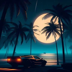 Gordijnen beach at night. Night Beach Illustrations. Palmy Island. palm trees silhouette. Car At Miami Beach. GTA V Miami Beach. Miami Art. Generative AI.   © Shahzil