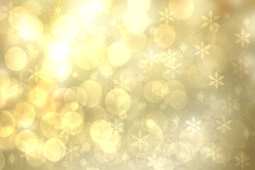 Winter background. A festive abstract Happy New Year or Christmas background texture with golden yellow blurred bokeh lights and stars. Space for design. Card concept or advertising.