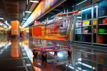 Empty grocery cart in a hypermarket among the counters - obrazy, fototapety, plakaty