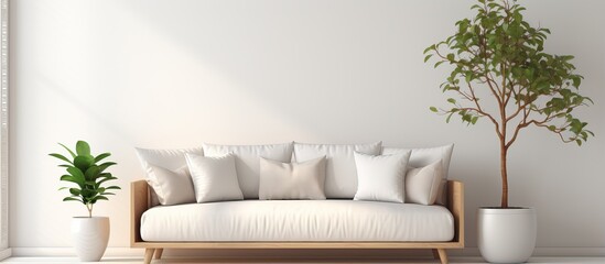 Minimalist white room with sofa and Scandinavian aesthetic displayed in a illustration