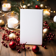 Bright Christmas frame of spruce, red & gold christmas decorations on white background. Copy space....