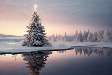 Lone Christmas tree in a natural snowy landscape