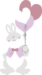happy easter with bunny rabbit holding heart balloon, flat png transparent cartoon character design