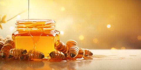 The Art of Sweetness: An Artisan Glass Jar Filled with Liquid Gold Honey, Complemented by a Wooden Stick, Displayed on a White Background generative AI - obrazy, fototapety, plakaty