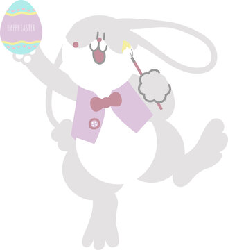 happy easter with bunny rabbit holding paintbrush and egg, flat png transparent cartoon character design