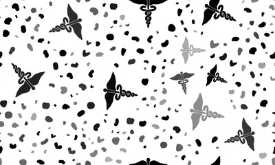 Abstract seamless pattern with caduceus symbols. Creative leopard backdrop. Vector illustration on white background