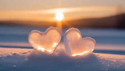Fototapeta premium Two heart-shaped pieces of ice resting on the snow, sunset light