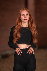 Portrait of a young beautiful red-haired girl in dark clothes in a low key.