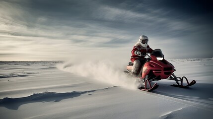 A man riding a snowmobile across the vast snowy landscape.