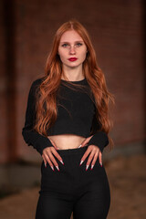 Portrait of a young beautiful red-haired girl in dark clothes in a low key.