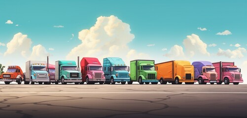 A lineup of colorful delivery trucks parked at a roadside rest area, taking a break on a long journey