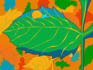 Ilustración Caracol en una hoja de diferentes estaciones, otoño, primavera, verano, invierno