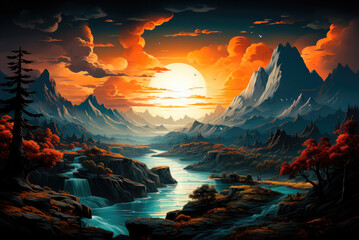 Mountain landscape with a river at sunset