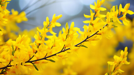 Blooming Forsythia Bush with Yellow Flowers Background