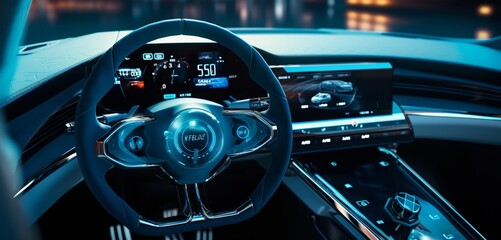 A close-up of a modern car's steering wheel, with intricate controls and a high-tech display