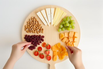 Obraz premium Top-View Cheese Plate with Nuts, Tomatoes, and Grapes on a White Tabletop