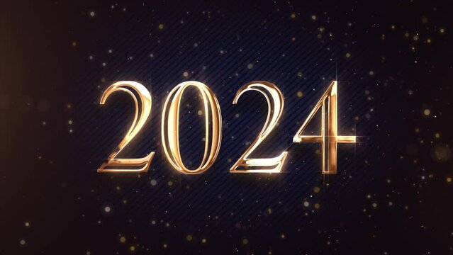 Happy new year 2024 animation. Shiny golden metallic numbers 2024 on blue background with golden glitters and sparkles . Glowing party. New Year background.