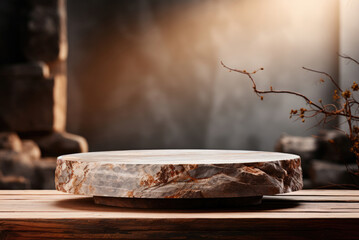 Minimalistic scene of a cylindrical podium on the background of a stone wall for the presentation of goods and cosmetics. A showcase with a stage for natural products. Eco-weaving