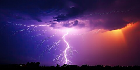 Naklejka na ściany i meble Intense thunderstorm engulfing the night - Nature's electrifying performance - Dramatic flashes of lightning illuminating the dark sky, capturing the power and awe of the storm