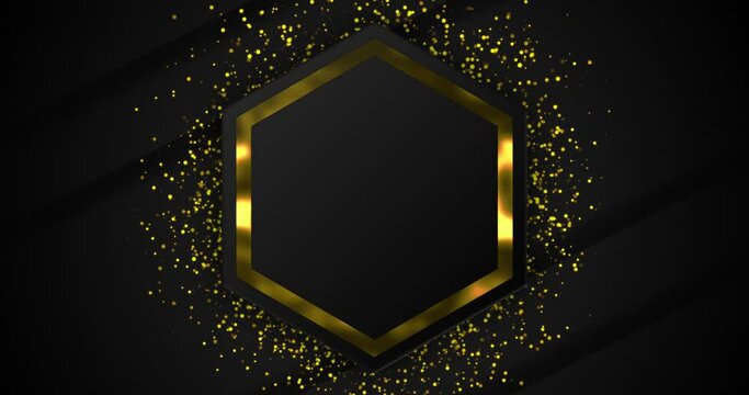 Abstract Black background with luxury golden elements. Golden hexagon ring over golden dust particle seamless loop motion gradient background.