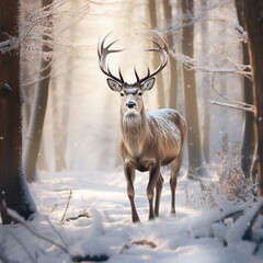 Naklejka na ściany i meble Fotografia con detalle de ciervo en un paisaje nevado de invierno