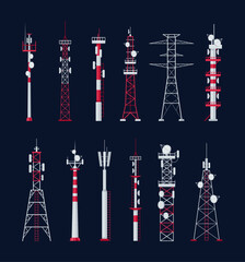 Radio tower. Vector icon set of communication towers for TV, internet, broadcasting, satellite signal, network, radar signal, radio. City telecom structures, antenna. Television technology