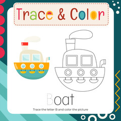 Coloring page for Letter Tracing Book. Trace letter B in word Boat and color picture. Flash card for toddler and teacher. Vector printable page for Exercise book
